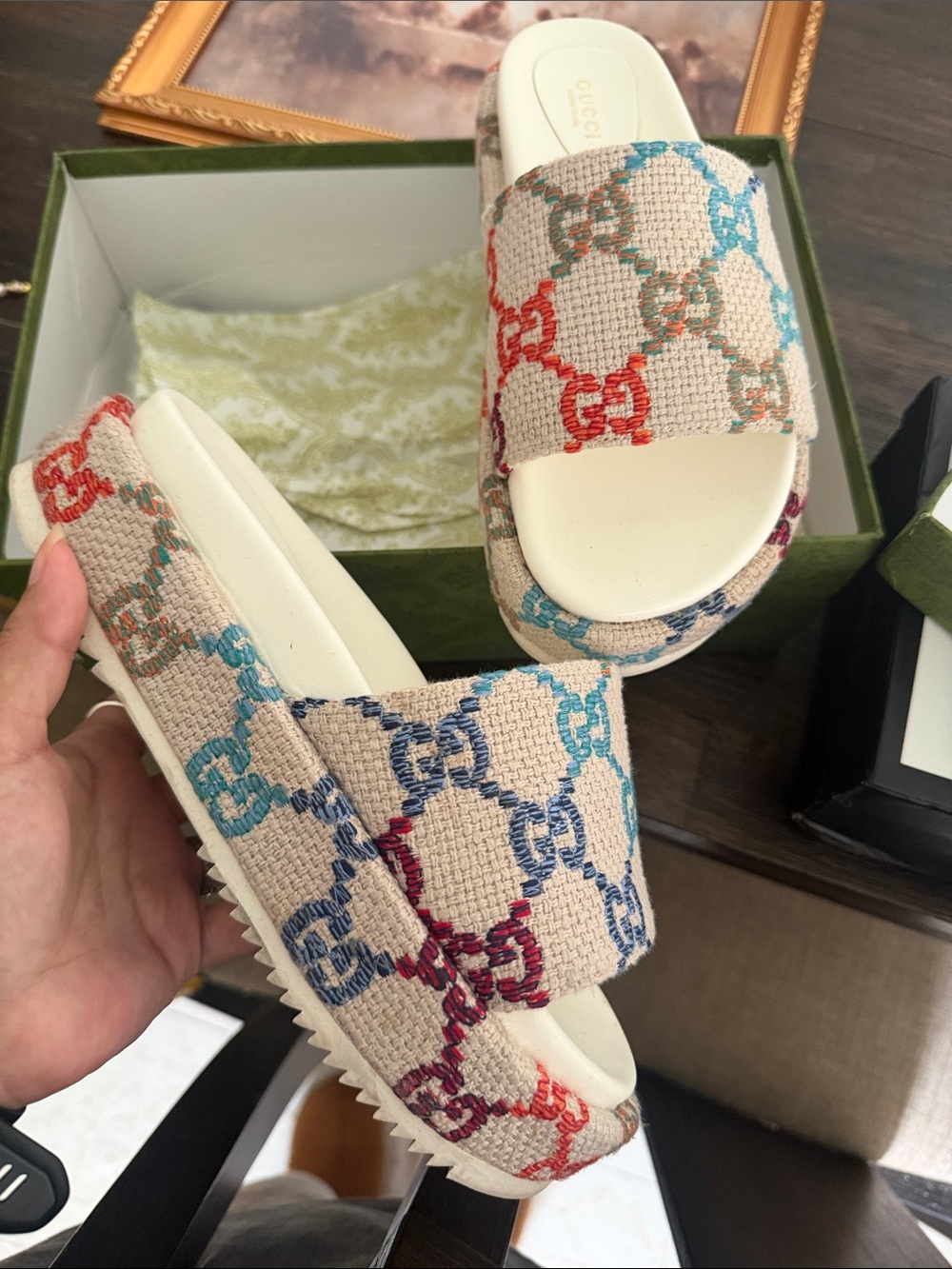 Gucci Multicolor GG Canvas Platform Slide Sandals - Beige Multicolor